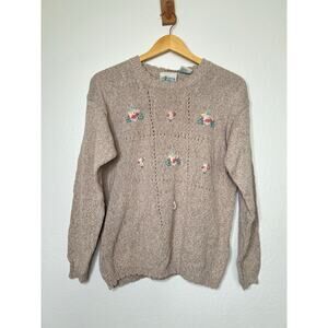 Vintage 80s Cottage Essentials Knit Floral Embroidered Sweater Size Medium